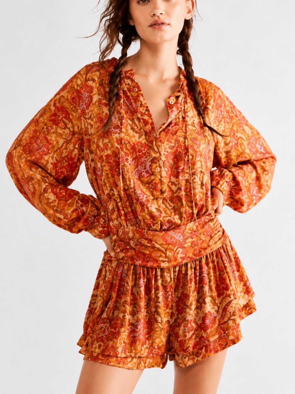 Free People Dance ’Til Dawn Romper Size S Orange Pink Floral Balloon Sleeve NWT